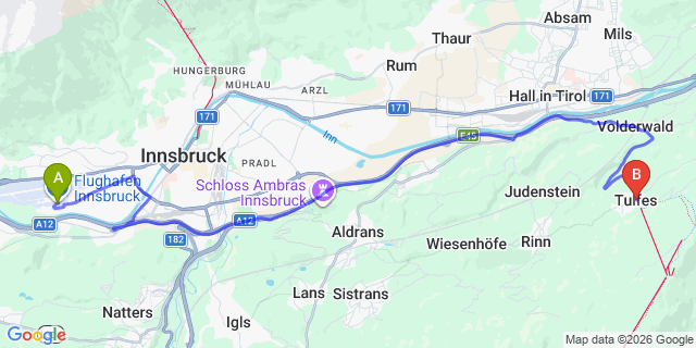 Map: Innsbruck Airport (INN) to Tulfes