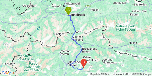 Map: Innsbruck Airport (INN) to Val di Fassa