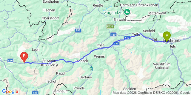 Map: Innsbruck Airport (INN) to Wald am Arlberg
