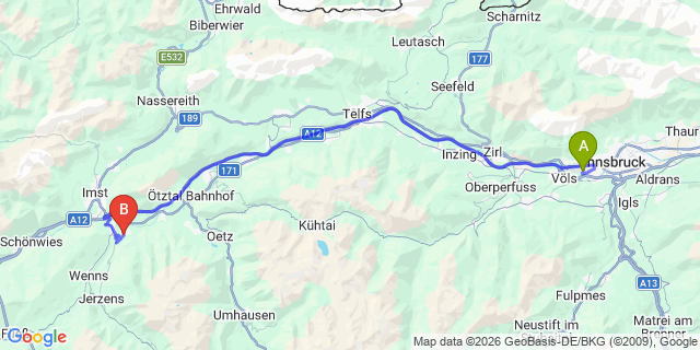 Map: Innsbruck Airport (INN) to Wald im Pitztal