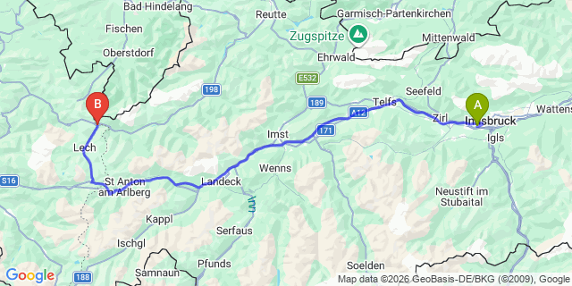 Map: Innsbruck Airport (INN) to Warth am Arlberg (Summer)