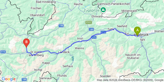 Map: Innsbruck Airport (INN) to Zürs