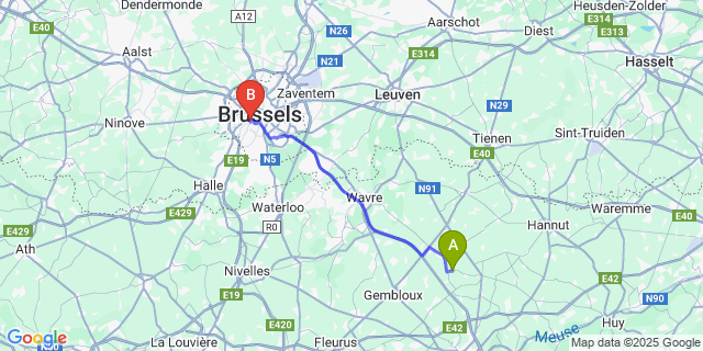 Map: Brussels Midi Train Station to Aische-En-Refail