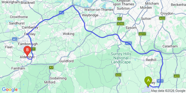 Map: London Gatwick Airport (LGW) to Aldershot