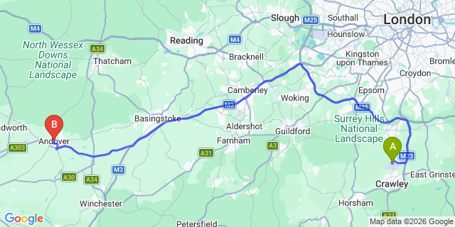 Map: London Gatwick Airport (LGW) to Andover
