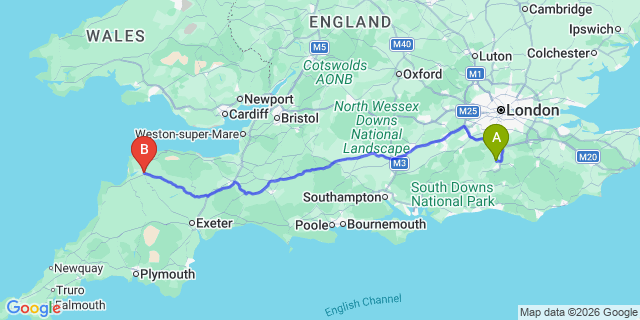 Map: London Gatwick Airport (LGW) to Barnstaple