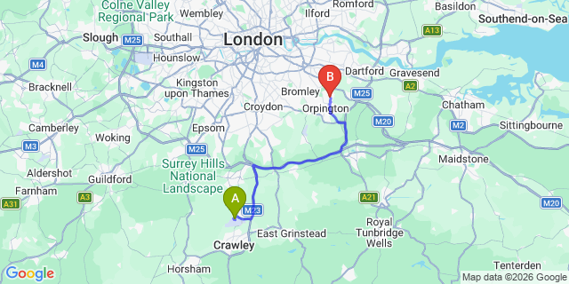 Map: London Gatwick Airport (LGW) to BR5 Orpington