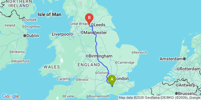 Map: London Gatwick Airport (LGW) to Bradford