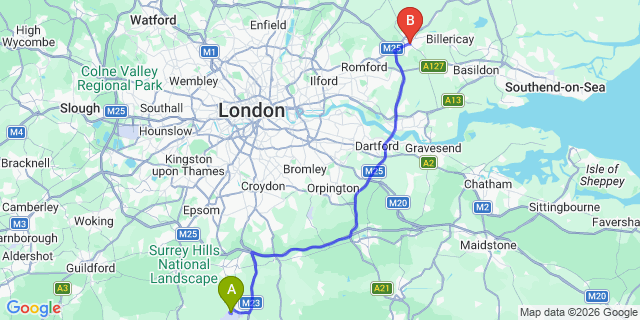 Map: London Gatwick Airport (LGW) to Brentwood