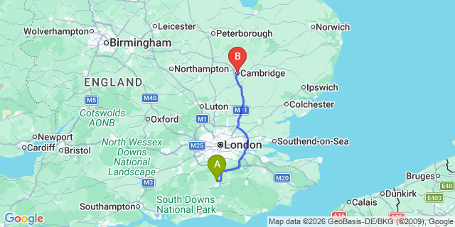 Map: London Gatwick Airport (LGW) to Cambridge