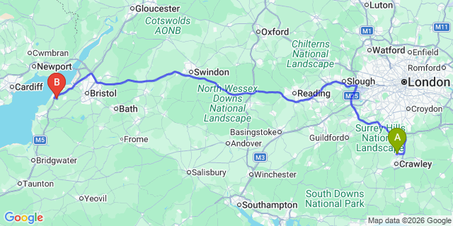 Map: London Gatwick Airport (LGW) to Clevedon