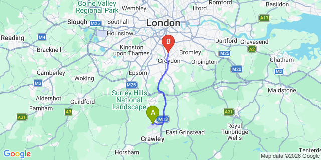 Map: London Gatwick Airport (LGW) to CR7 Thornton Heath