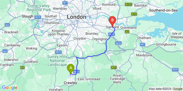 Map: London Gatwick Airport (LGW) to DA1 Dartford