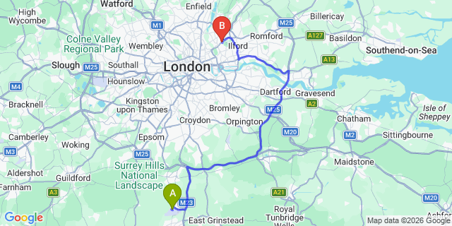 Map: London Gatwick Airport (LGW) to E11 Leytonstone