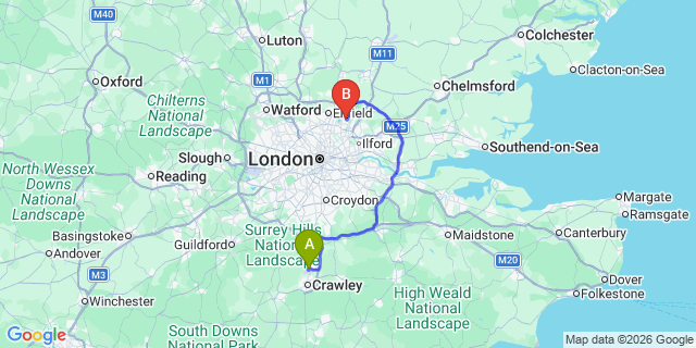 Map: London Gatwick Airport (LGW) to E4 Chingford