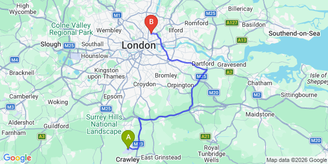 Map: London Gatwick Airport (LGW) to E8 Hackney Central