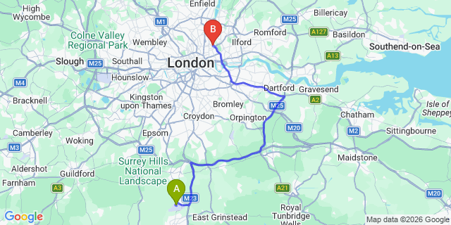 Map: London Gatwick Airport (LGW) to E9 Homerton