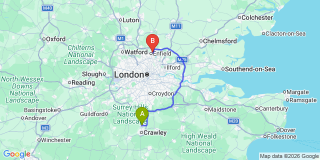 Map: London Gatwick Airport (LGW) to EN1 Enfield