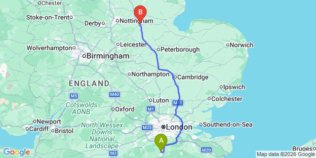 Map: London Gatwick Airport (LGW) to Grantham