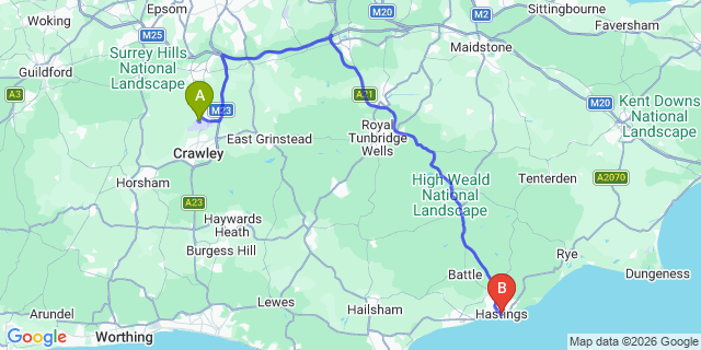 Map: London Gatwick Airport (LGW) to Hastings