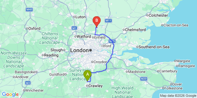 Map: London Gatwick Airport (LGW) to Hoddesdon