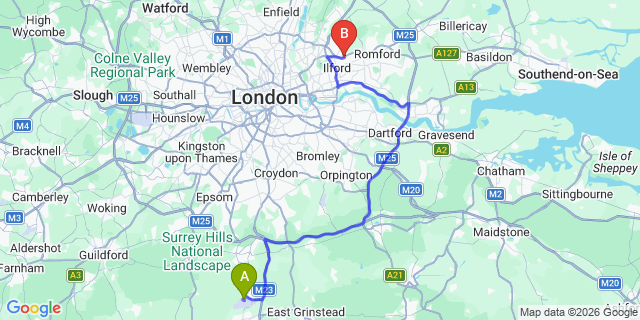 Map: London Gatwick Airport (LGW) to IG2 Ilford