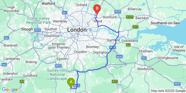 Map: London Gatwick Airport (LGW) to IG5 Ilford