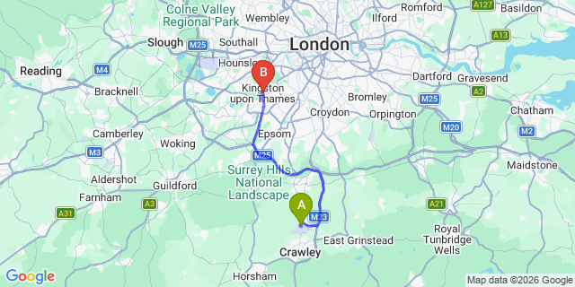 Map: London Gatwick Airport (LGW) to Kingston Upon Thames