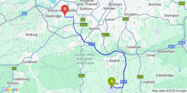 Map: London Gatwick Airport (LGW) to KT12 Walton-on-Thames