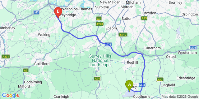 Map: London Gatwick Airport (LGW) to KT15 Addlestone