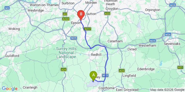 Map: London Gatwick Airport (LGW) to KT17 Epsom