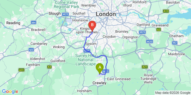 Map: London Gatwick Airport (LGW) to KT3 New Malden