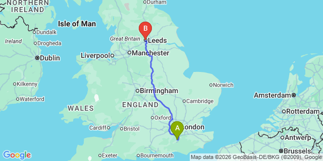 Map: London Gatwick Airport (LGW) to Leeds