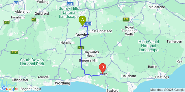 Map: London Gatwick Airport (LGW) to Lewes