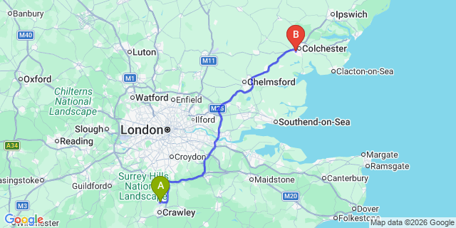 Map: London Gatwick Airport (LGW) to Lexden