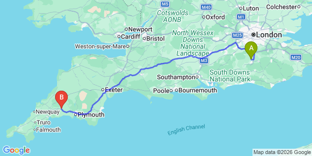 Map: London Gatwick Airport (LGW) to Liskeard