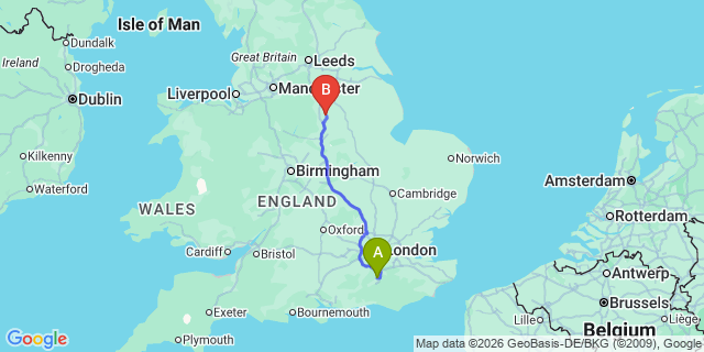 Map: London Gatwick Airport (LGW) to Mansfield