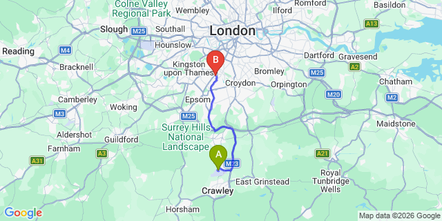 Map: London Gatwick Airport (LGW) to Merton