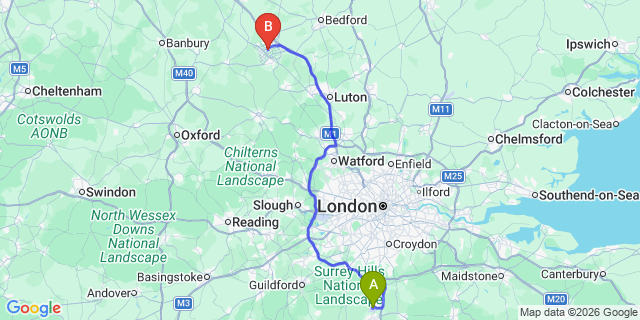 Map: London Gatwick Airport (LGW) to Milton Keynes