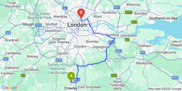 Map: London Gatwick Airport (LGW) to N1 Islington