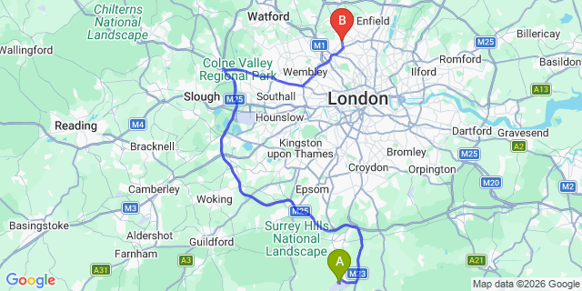 Map: London Gatwick Airport (LGW) to N12 North Finchley
