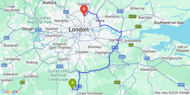 Map: London Gatwick Airport (LGW) to N15 South Tottenham
