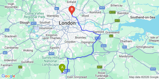 Map: London Gatwick Airport (LGW) to N16 Stoke Newington