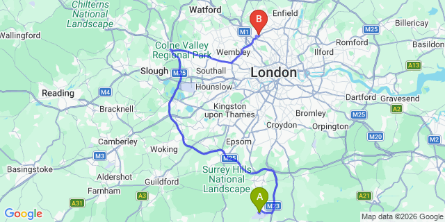 Map: London Gatwick Airport (LGW) to N3 Finchley Central