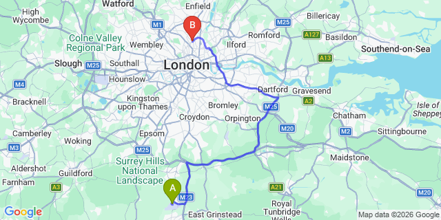 Map: London Gatwick Airport (LGW) to N4 Finsbury Park