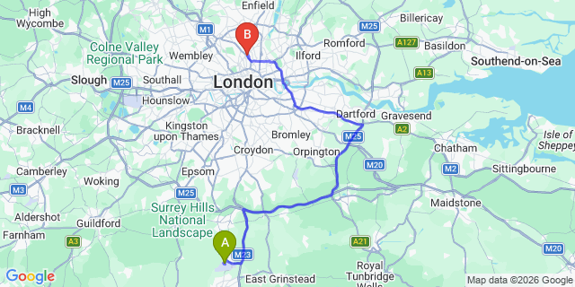 Map: London Gatwick Airport (LGW) to N7 Holloway