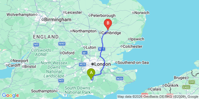 Map: London Gatwick Airport (LGW) to Newmarket