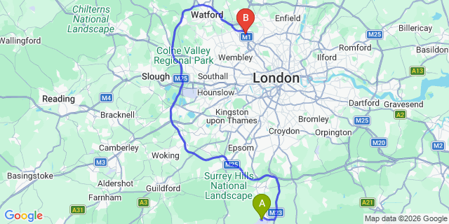 Map: London Gatwick Airport (LGW) to NW7 Mill Hill