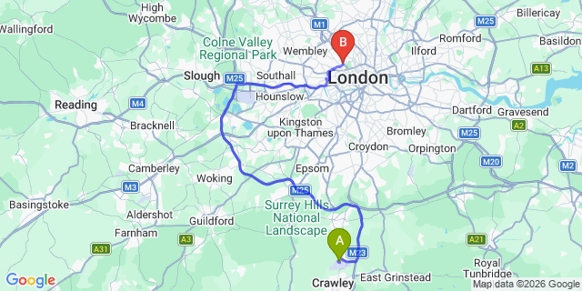 Map: London Gatwick Airport (LGW) to NW8 St Johns Wood