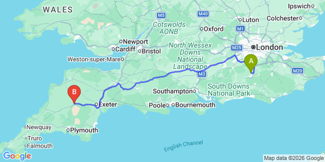 Map: London Gatwick Airport (LGW) to Okehampton